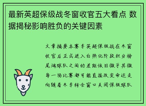 最新英超保级战冬窗收官五大看点 数据揭秘影响胜负的关键因素